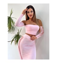 Pembe Lazer Kesim Detaylı İkili Uzun Takım