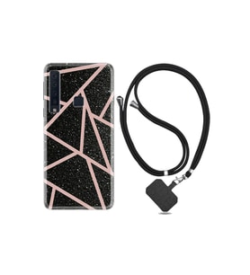 Samsung Galaxy A9 2018 Kılıf Desenli Silikon + Şarj Kulaklık Koruyucusu Pembe Şeritli Mermer 1312
