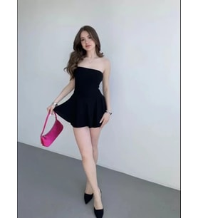 Straplez Mini Etek Görünümlü Şortlu Elbise Büzgülü Şık Yazlık - Siyah