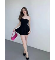 Straplez Mini Etek Görünümlü Şortlu Elbise Büzgülü Şık Yazlık - Siyah