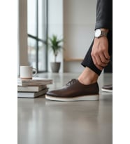 Enoch Erkek Kahverengi Hakiki Deri Klasik Ayakkabı Minimalist Brogue Detaylı Ve Kontrast Beyaz Tabanlı Bağcıklı Model