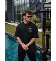 pilelistore- Unisex Bisiklet Yaka Baskılı Oversize T-Shirt - Siyah