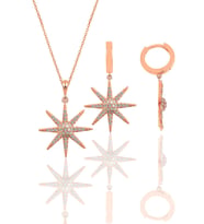 Gümüş rose zirkon taşlı güneş kolye ve küpe ikili set SGTL12098ROSE
