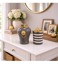 Dekoratif Obje Aslanlı Şah Küp Gri Mermer Silindir Gri Zebra Gold - Feray Home