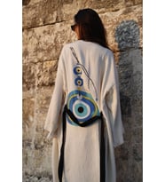 Müslin Kimono %100 Pamuklu Nazar Boncuk Baskılı Desenli Bornoz Kaftan Sabahlık (Ekru)