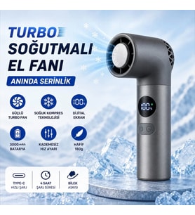 Turbo Buzlu Fan Dijital Ekranlı Şarjlı Mini El Vantilatörü – 100 Kademeli Ayar, 3000MAH Batarya, Type-C Şarj