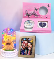 Kişiye Özel Fotoğraflı Renkli Led Işıklı Fanus & İstiridye İnci Kolye Hediye Seti (Model 5)