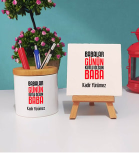 Babalar Günü Hediyesi -2- Kalemlik ve Dekoratif Taş Baskı Hediye Seti