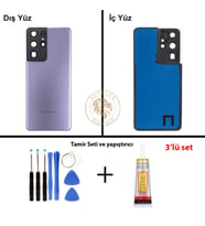 Samsung Galaxy S21 Ultra Mor Renk Lensli Arka Kapak + Tamir Seti + B7000 Yapıştırıcı Arka Cam Batarya Kapağı Pil Kapağı Lazer Kesim Back Cover Galaxy S21 Ultra Uyumlu