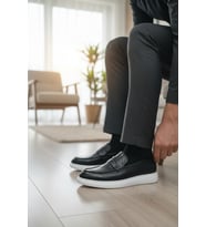 Enoch Deri Siyah Klasik Casual Loafer (Beyaz Tabanlı)