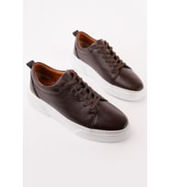 Muggo LEONS Hakiki Deri Erkek Kalın Taban Bağcıklı Günlük Casual Sneaker (Kahverengi)