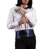 Beyaz Lacivert Çift Bieli Damatlık Ata Yaka Kol Düğmeli Slim Fit Smokin Gömlek - 011