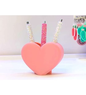 3D Baskı Kalp Şekilli Kalemlik - Masaüstü Organizer - Pembe