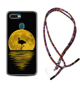 Oppo A5S A15 A16 A54 A55 A73 A74 Kılıf Boyun Asklı Rasta Silikon Ay ve Flamingo 1775