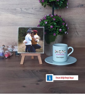 Anneye Hediye Fotoğraflı Dekoratif Taş, Ahşap Altlıklı Türk Kahvesi Fincanı Hediye (Model 2)