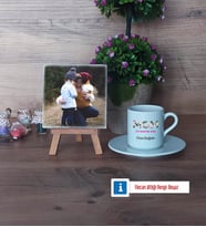 Anneye Hediye Fotoğraflı Dekoratif Taş, Ahşap Altlıklı Türk Kahvesi Fincanı Hediye (Model 2)