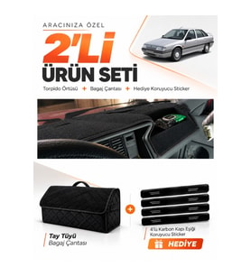 RENAULT 21 MANAGER (1990-1996) Uyumlu Torpido Örtüsü + Tay Tüyü Bagaj Çantası + Sticker Seti - Siyah