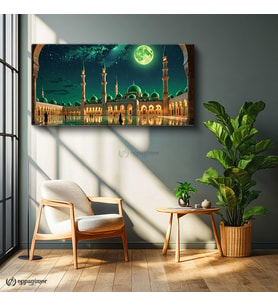 Yatay Panoramik Kanvas Tablo Dolunaylı Cami İslami Tablo Ev Ofis Duvar Dekoru