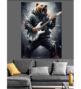 Elektro Gitar Çalan Ayı Dekoratif Kanvas - Mdf Ahşap Tablo
