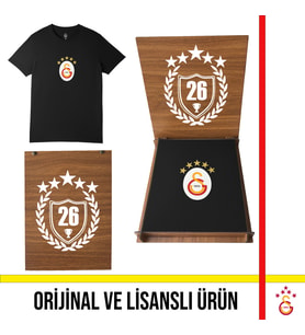 Galatasaray Lisanslı 5 Yıldız Büyük Logolu Siyah T-Shirt 26 Şampiyonluk Ahşap Kutulu E251402