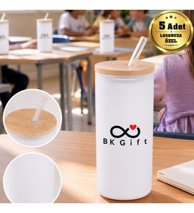 Logonuza Özel 5 Adet Pipetli Cam Matara 600 ml Ahşap Kapaklı Kurumsal Suluk