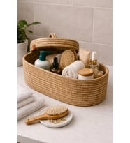 Jüt Hasır Oval Kapaklı Sepet - Organizer, Düzenleyici, Dekoratif Sepet - Handmade El Dokuma Sepeti