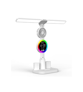 LED Masa Lambası, Fanlı, Dijital Saatli, RGB Ambiyans, Dokunmatik, Type-C Şarjlı (Krem)