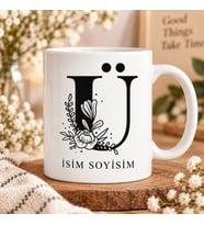 Kişiye Özel Baş Harf ve İsim Yazılı Çiçek Motifli Ü Harfli Seramik Kupa Bardak