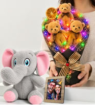 Premium Kişiye Özel Fotoğraflı Renkli Led Işıklı Büyük Boy Ayıcık Buketi ve Sevimli Peluş Fil Hediye Seti