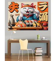 Sushi Yiyen Japon Kedisi Dekoratif Kanvas - Mdf Ahşap Tablo
