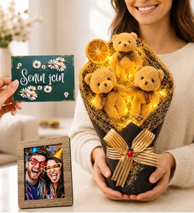 Premium Kişiye Özel Fotoğraflı Kahve Peluş Ayıcık Buketi Romantik • Işıklı • Unutulmaz Hediye