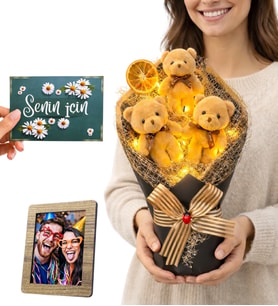 Premium Kişiye Özel Fotoğraflı Kahve Peluş Ayıcık Buketi Romantik • Işıklı • Unutulmaz Hediye