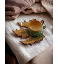 Dekoratif  Çınar Yaprak Figürlü, Yeşil ve Kahve Çay Kahve Fincanı Seti Tekli 1 Kişilik