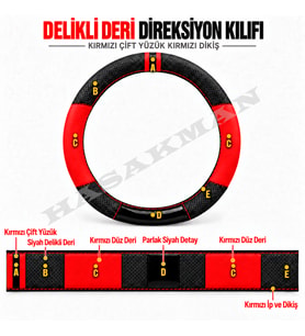 Chevrolet Cruze Dikme Direksiyon Kılıfı Parlak Siyah Kırmızı Detaylı Kırmızı Çift Yüzük ve Dikiş 2008-2016