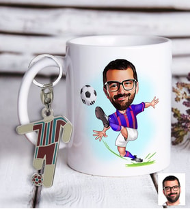 BK Gift Kişiye Özel Bordo-Mavi Futbolcu Karikatür ve Formalı Metal Anahtarlık Hediye Seti