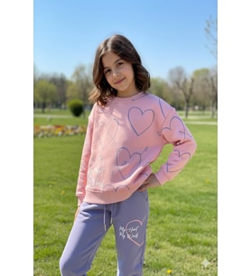 Kalp Desenli Pembe Renk 3 İplik Kız Çocuk Takım