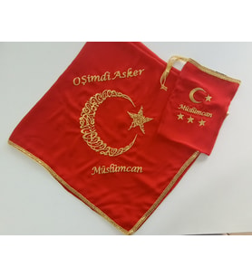 İsimli Asker Şalı Kına Şalı Asker Yareni O Şimdi Asker Nakış İşlemeli Şifon Kumaş Omuz Örtüsü İsimli Eldiven (Kırmızı - Altın Rengi)