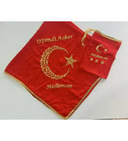 İsimli Asker Şalı Kına Şalı Asker Yareni O Şimdi Asker Nakış İşlemeli Şifon Kumaş Omuz Örtüsü İsimli Eldiven (Kırmızı - Altın Rengi)