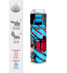 Coral High 500 ml Paslanmaz Çelik Okul Termosu/Suluk/Matara - Kız Çocuk - Siyah Mavi Anime Desenli - Sızdırma Yapmaz