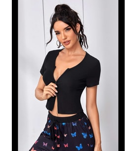 Fantezia Night Kadın Siyah Çift Fermuarlı Yarım Kol Crop Top Bluz