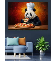 Pizza Yiyen Şef Önlüklü Panda Dekoratif Kanvas - Mdf Ahşap Tablo