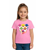 Unisex Baby Shark Baskılı Çocuk Tişört pamuklu penye kumaş (Pembe)