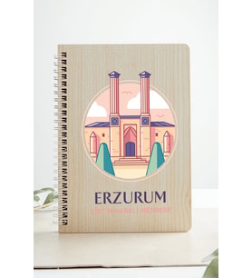 Erzurum Çift Minareli Medrese Şehir Tasarım Ahşap Kapaklı Defter Kraft Kağt Özel (Akçaağaç Rengi )