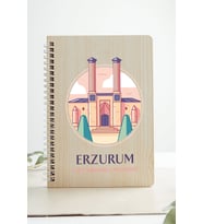 Erzurum Çift Minareli Medrese Şehir Tasarım Ahşap Kapaklı Defter Kraft Kağt Özel (Akçaağaç Rengi )