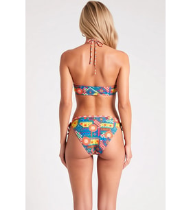 Kadın Bikini Takımı Straplez Yaka Bağlamalı Kapsız Düşük Bel High Leg Kesim Geometrik Desenli