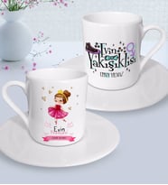 BK Gift Kişiye Özel Anneler Günü Temalı Evin Prensesi ve Evin Yakışıklısı Tasarımlı İkili Türk Kahvesi Fincanı Seti-1 (Beyaz)