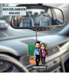 Kişiye Özel 2 Kişilik Öğretmen Karikatürlü 10 cm MDF Araç Dikiz Aynası Süsü - Öğretmen Hediyesi Öğretmene Özel Hediye
