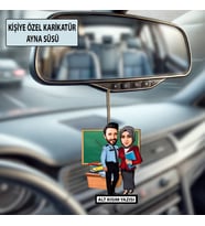 Kişiye Özel 2 Kişilik Öğretmen Karikatürlü 10 cm MDF Araç Dikiz Aynası Süsü - Öğretmen Hediyesi Öğretmene Özel Hediye
