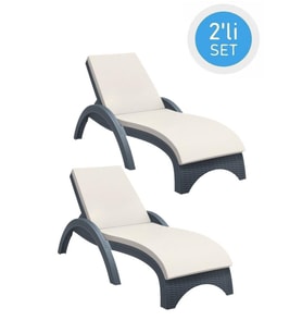 Omnipazar TRK-860 Siesta Fiji Bej Minderli Rattan Desenli Ayarlanabilir Lüks Şezlong Koyu Gri 2'li Set