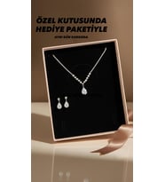 Özel Kutusunda Hediye Paketiyle Cosima Gümüş Kaplama Düğün Takı Seti Kolye Küpe Hediye Set  Nişan Söz Nikah Takı Seti (Beyaz Gümüş)